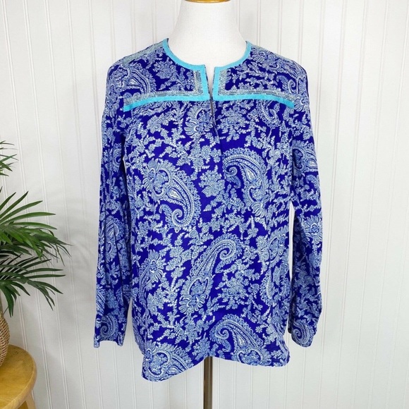 J. Crew Printed Peasant Paisley Top Boho Blouse Tunic E6540 Blue - Picture 6 of 13